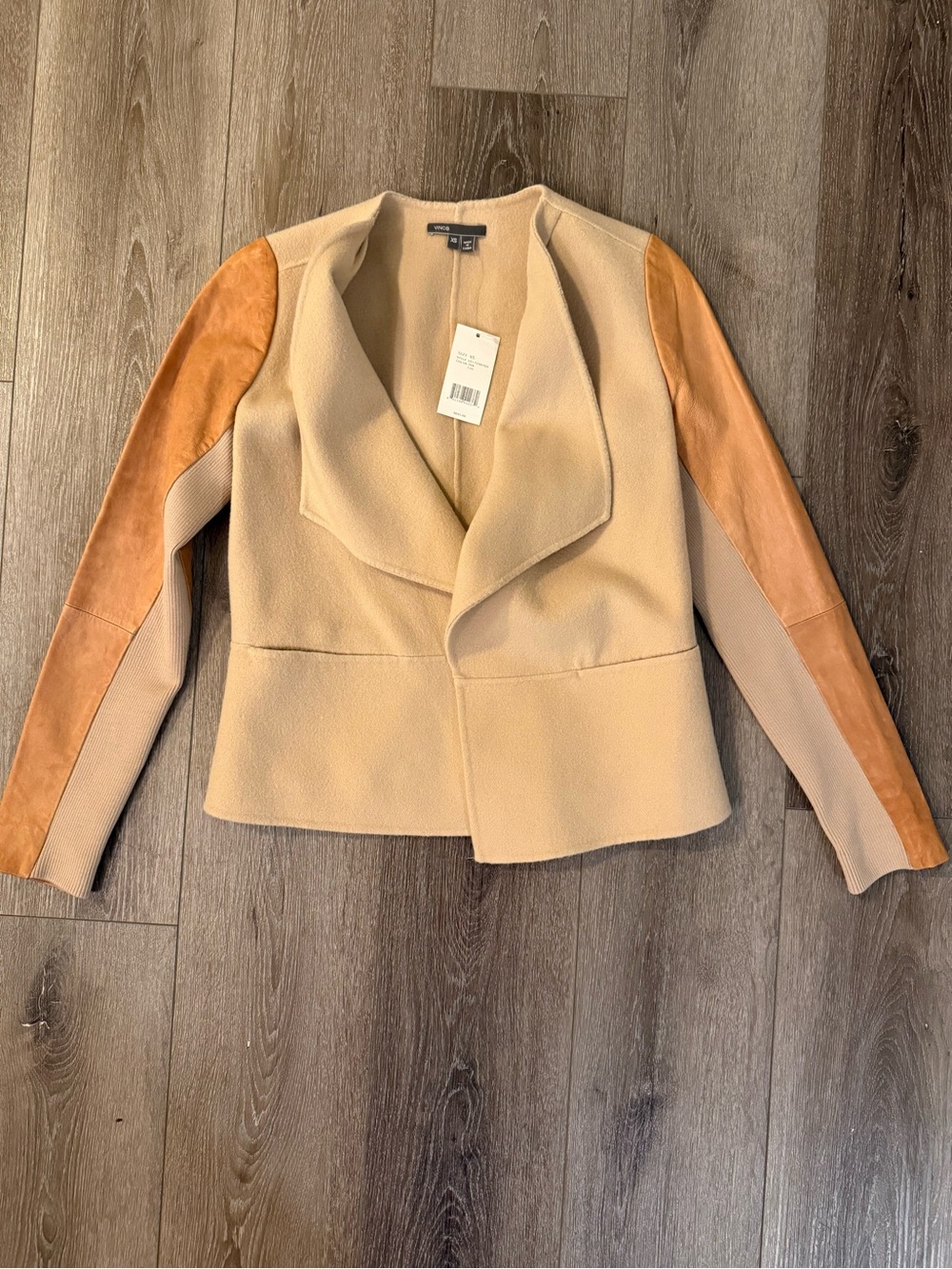 New *flaw* Vince Lamb Leather & Wool Drape Waterfall Jacket Tan Camel Size XS